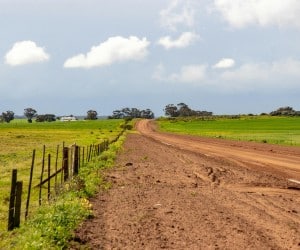 Dirt road running alongside a fence line through open farmland