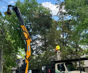 Tree Solutions crew operating grapple crane to safely remove and load tree sections