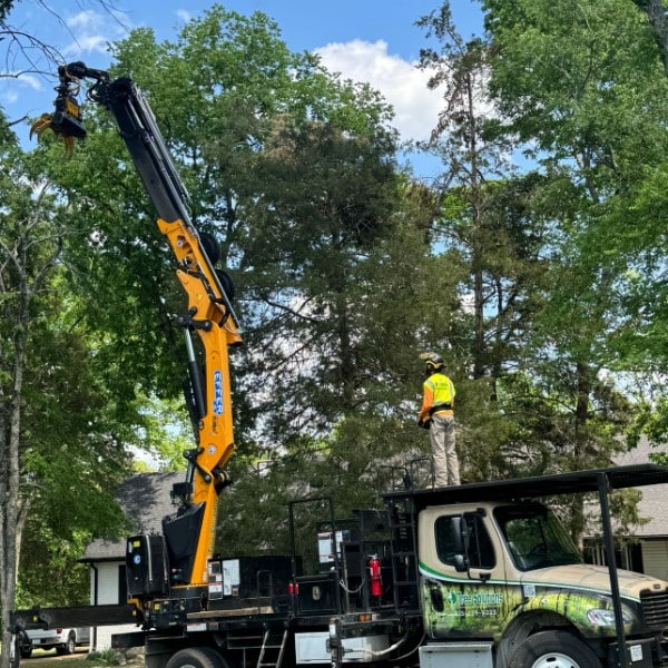 Grapple truck removing large tree section with operator directing equipment during residential tree removal
