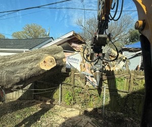 Grapple saw lifting a large fallen tree section from a residential backyard during emergency storm cleanup