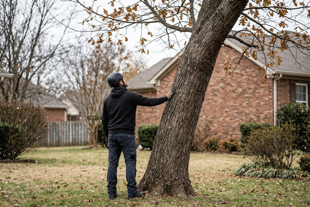 An assessment before winter gives you time to choose pruning, cabling and bracing, or a planned removal. Arborist seen from behind assessing a leaning mature tree beside a home in Hermitage, Tennessee