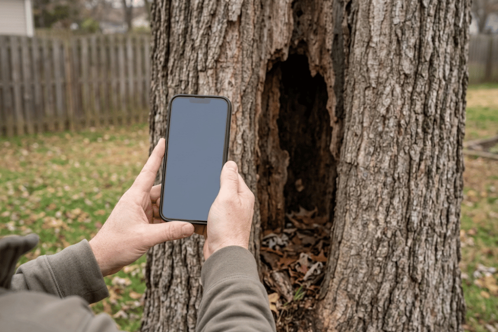 A dated photo of the specific defect is one of the most useful records you can keep. Hands photographing a trunk cavity on a mature tree with a smartphone