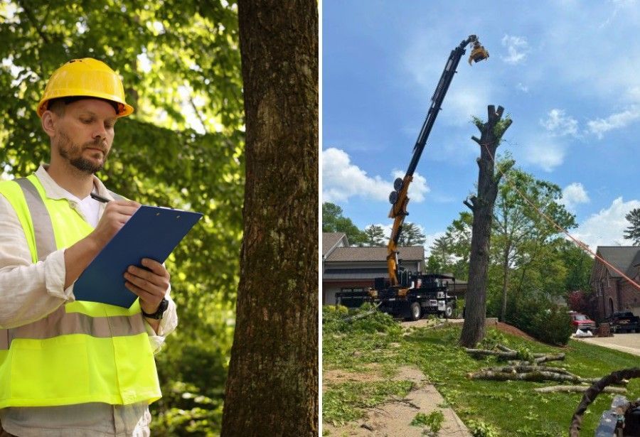 ISA Certified arborist inspecting a tree and professional crew removing a hazardous tree with a crane.
